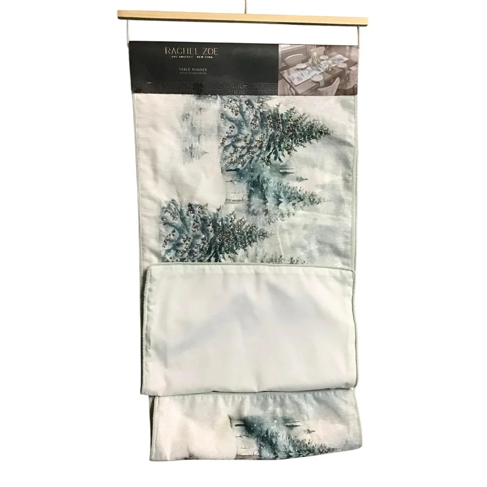 Rachel Zoe Winter Forest Silver Tree Evergreens Table Runner 16x72 Holiday Decor